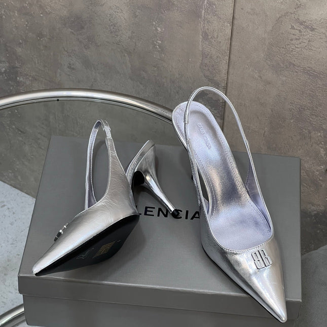 BALENCIAGA 25S HIGH-HEEL SLINGBACK 85 MM IN SILVER COW LEATHER