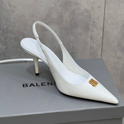 BALENCIAGA 25S HIGH-HEEL SLINGBACK 85 MM IN WHITE COW LEATHER WITH GOLD HARDWARE
