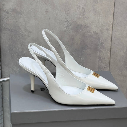 BALENCIAGA 25S HIGH-HEEL SLINGBACK 85 MM IN WHITE COW LEATHER WITH GOLD HARDWARE
