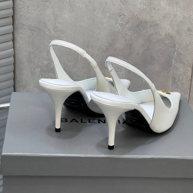 BALENCIAGA 25S HIGH-HEEL SLINGBACK 85 MM IN WHITE COW LEATHER WITH GOLD HARDWARE