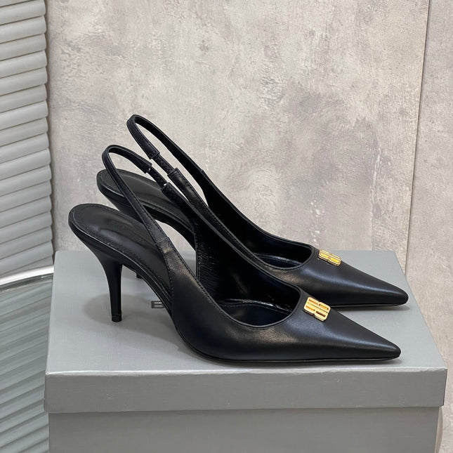 BALENCIAGA 25S HIGH-HEEL SLINGBACK 85 MM IN BLACK COW LEATHER WITH GOLD HARDWARE