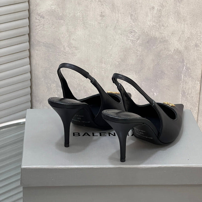 BALENCIAGA 25S HIGH-HEEL SLINGBACK 85 MM IN BLACK COW LEATHER WITH GOLD HARDWARE