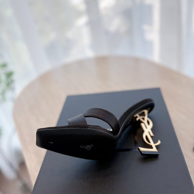 OPYUM OPEN TOE HIGH 10 CM MULES IN BLACK CALFSKIN