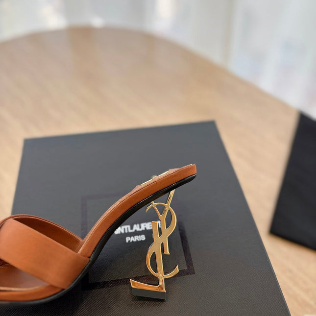 OPYUM OPEN TOE HIGH 10 CM MULES IN BRONZE BROWN CALFSKIN