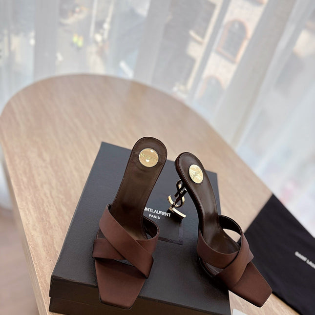 OPYUM OPEN TOE HIGH 10 CM MULES IN CHOCOLATE BROWN CALFSKIN