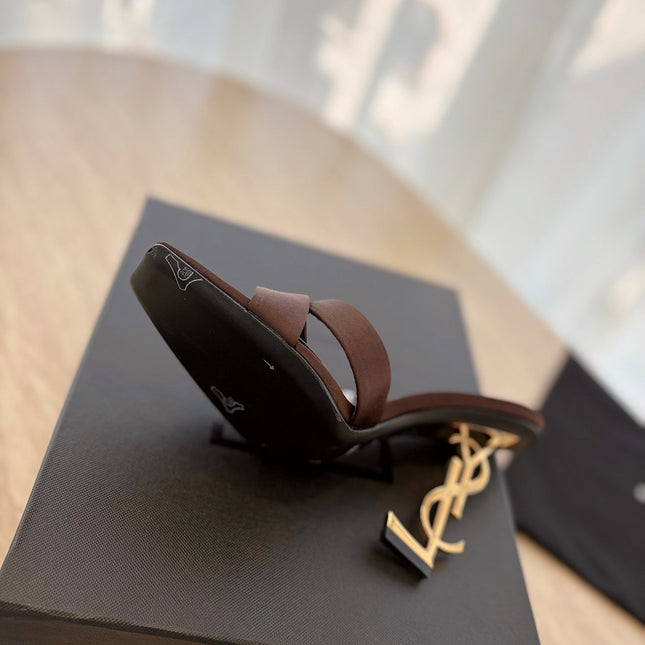 OPYUM OPEN TOE HIGH 10 CM MULES IN CHOCOLATE BROWN CALFSKIN