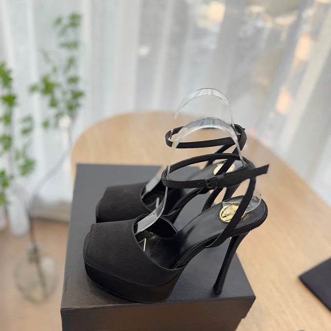 LA SCANDALE HIGH 14 CM PLATFORM SANDALS IN BLACK SATIN CREPE