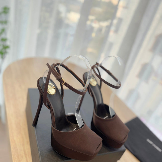 LA SCANDALE HIGH 14 CM PLATFORM SANDALS IN CHOCOLATE BROWN SATIN CREPE