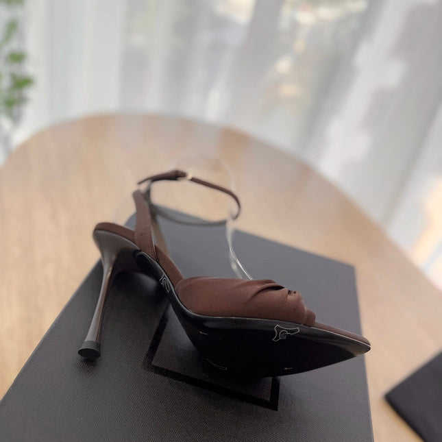LOLA SANDAL 10 CM IN CHOCOLATE BROWN VISCOSE AND SILK