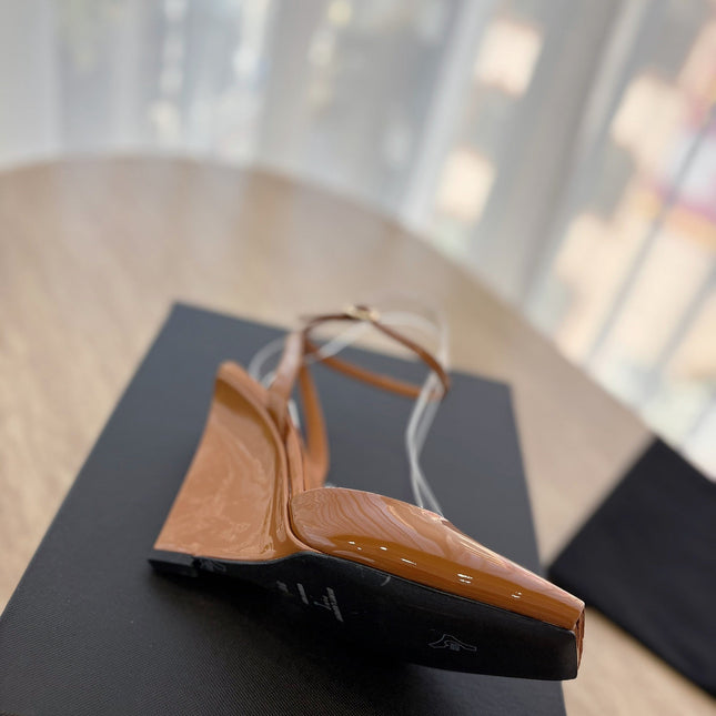 LA SCANDALE HIGH 10 CM WEDGE SANDALS IN BRONZE BROWN PATENT LEATHER