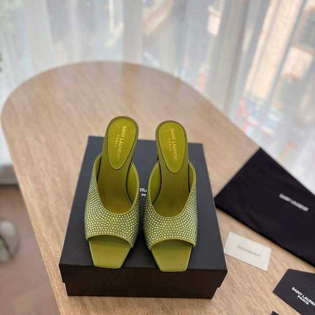 HIGH HEEL BLONDE MULE 10 CM IN OLIVE GREEN SATIN WITH RHINESTONES
