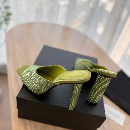 HIGH HEEL BLONDE MULE 10 CM IN OLIVE GREEN SATIN WITH RHINESTONES