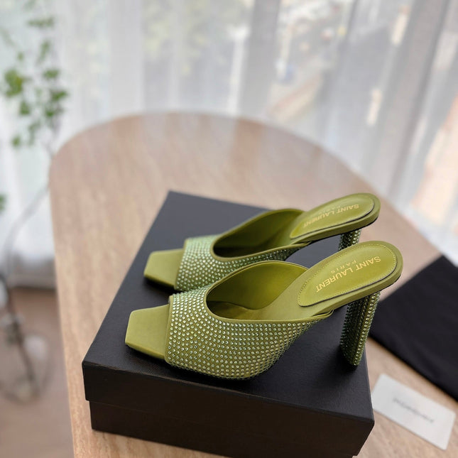 HIGH HEEL BLONDE MULE 10 CM IN OLIVE GREEN SATIN WITH RHINESTONES