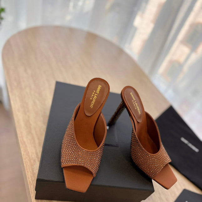 HIGH HEEL BLONDE MULE 10 CM IN BRONZE BROWN SATIN WITH RHINESTONES
