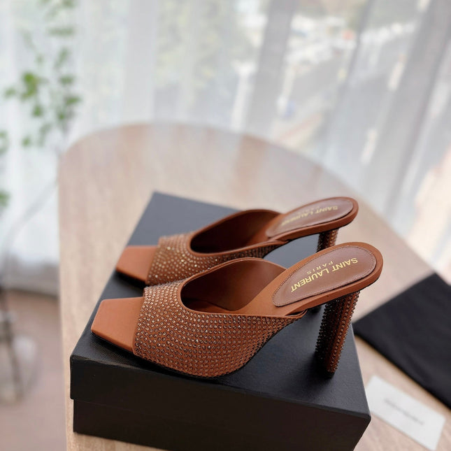 HIGH HEEL BLONDE MULE 10 CM IN BRONZE BROWN SATIN WITH RHINESTONES