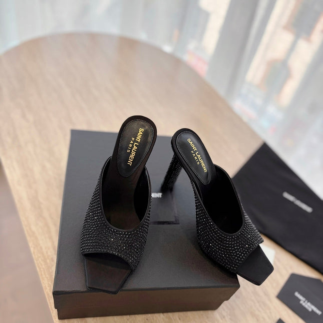 HIGH HEEL BLONDE MULE 10 CM IN BLACK SATIN WITH RHINESTONES