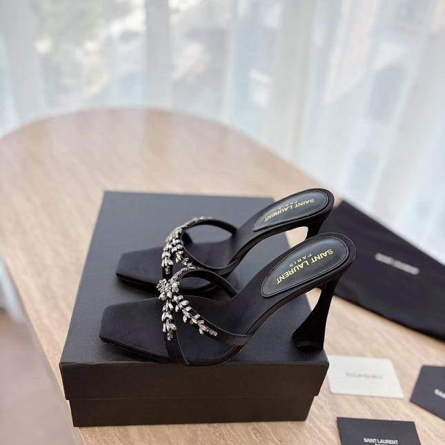 RAV HIGH HEEL 10 CM EMBELLISHED BLACK SATIN MULES