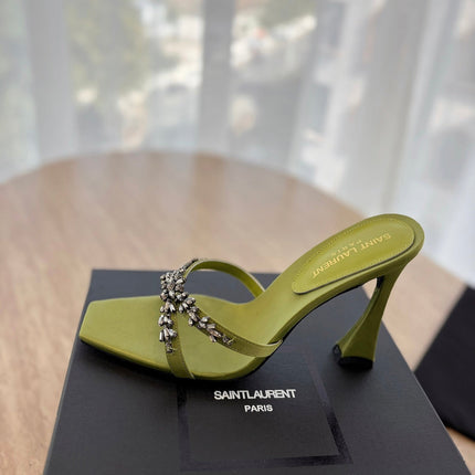 RAV HIGH HEEL 10 CM EMBELLISHED OLIVE GREEN SATIN MULES