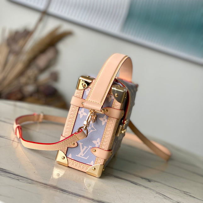 SIDE TRUNK 21 IN GRAY CREAM MONOGRAM TRIANON CANVAS GOLD HARDWARE