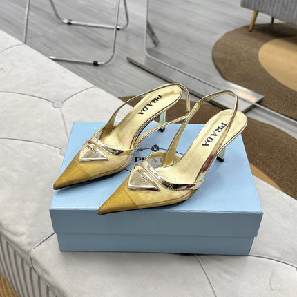 PRADA 25S TRIANGLE LOGO SLINGBACK PUMPS IN GOLD MESH FABRIC