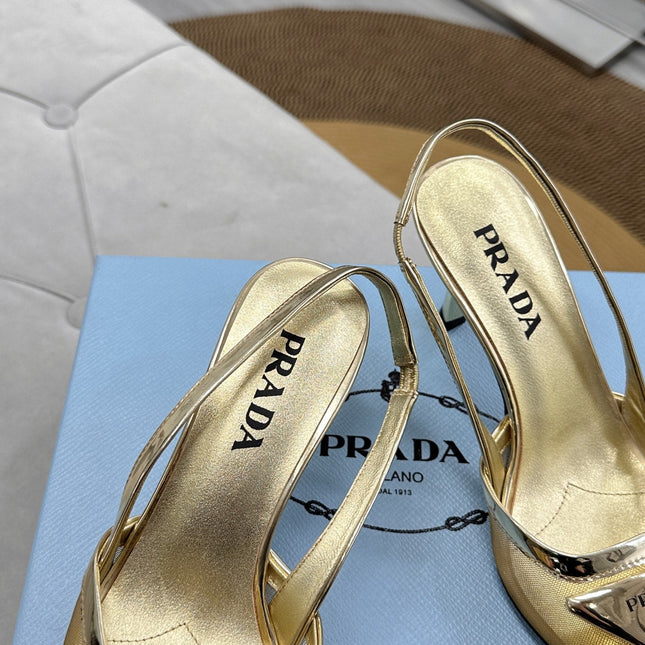 PRADA 25S TRIANGLE LOGO SLINGBACK PUMPS IN GOLD MESH FABRIC