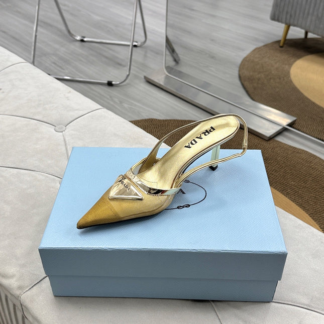 PRADA 25S TRIANGLE LOGO SLINGBACK PUMPS IN GOLD MESH FABRIC
