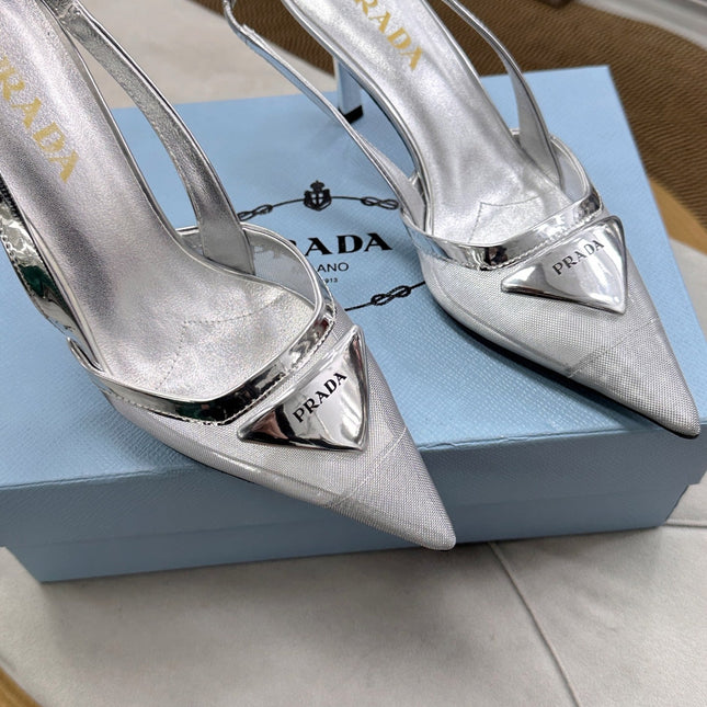 PRADA 25S TRIANGLE LOGO SLINGBACK PUMPS IN SILVER MESH FABRIC