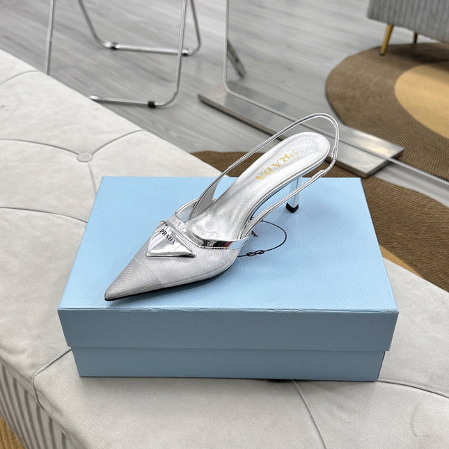 PRADA 25S TRIANGLE LOGO SLINGBACK PUMPS IN SILVER MESH FABRIC