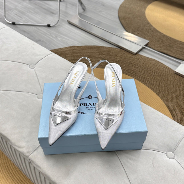 PRADA 25S TRIANGLE LOGO SLINGBACK PUMPS IN SILVER MESH FABRIC