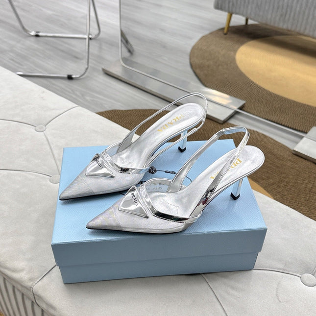 PRADA 25S TRIANGLE LOGO SLINGBACK PUMPS IN SILVER MESH FABRIC