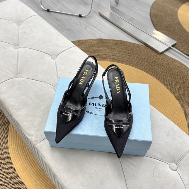 PRADA 25S TRIANGLE LOGO SLINGBACK PUMPS IN BLACK MESH FABRIC