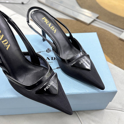PRADA 25S TRIANGLE LOGO SLINGBACK PUMPS IN BLACK MESH FABRIC
