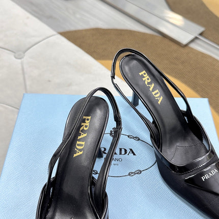 PRADA 25S TRIANGLE LOGO SLINGBACK PUMPS IN BLACK MESH FABRIC