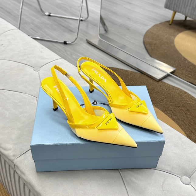 PRADA 25S TRIANGLE LOGO SLINGBACK PUMPS IN YELLOW MESH FABRIC