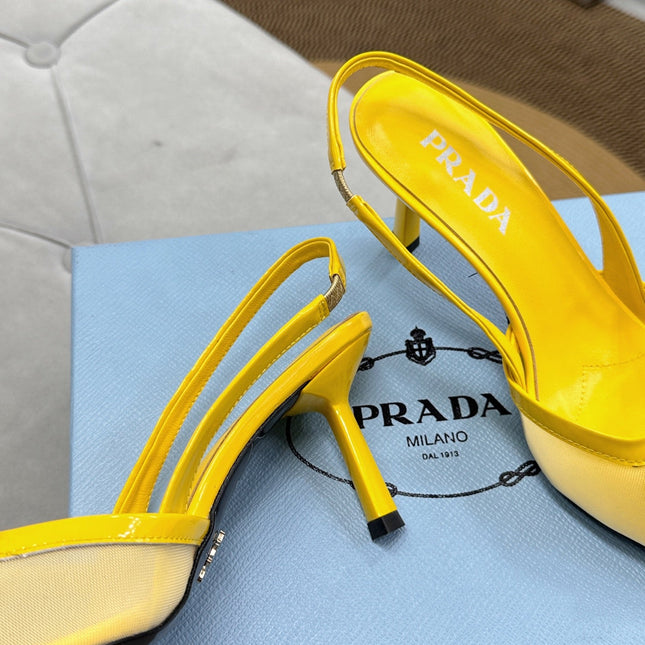 PRADA 25S TRIANGLE LOGO SLINGBACK PUMPS IN YELLOW MESH FABRIC
