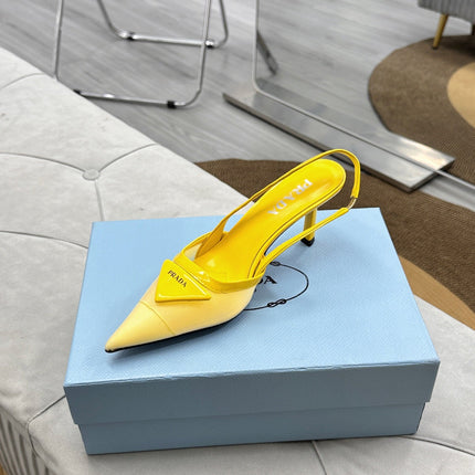 PRADA 25S TRIANGLE LOGO SLINGBACK PUMPS IN YELLOW MESH FABRIC