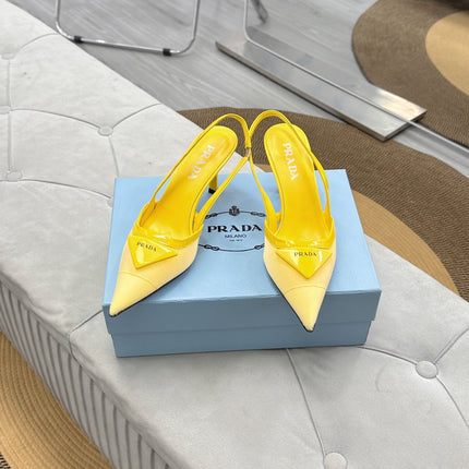 PRADA 25S TRIANGLE LOGO SLINGBACK PUMPS IN YELLOW MESH FABRIC