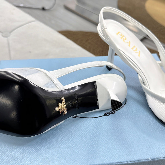 PRADA 25S TRIANGLE LOGO SLINGBACK PUMPS IN WHITE MESH FABRIC