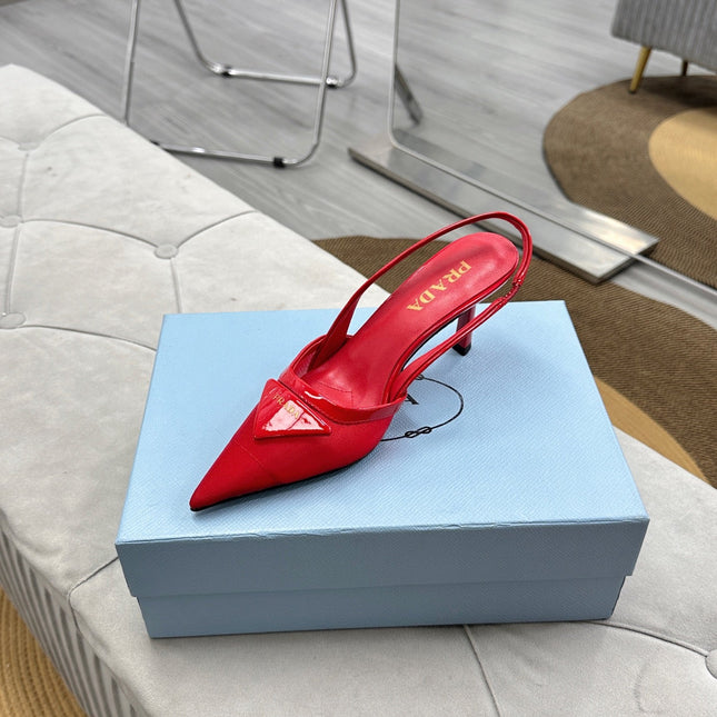 PRADA 25S TRIANGLE LOGO SLINGBACK PUMPS IN RED MESH FABRIC