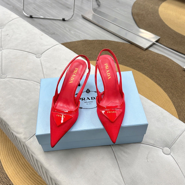 PRADA 25S TRIANGLE LOGO SLINGBACK PUMPS IN RED MESH FABRIC