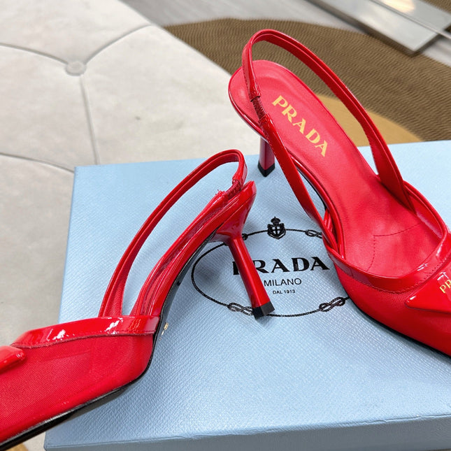PRADA 25S TRIANGLE LOGO SLINGBACK PUMPS IN RED MESH FABRIC