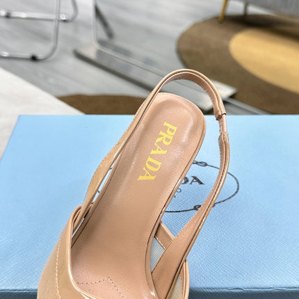 PRADA 25S TRIANGLE LOGO SLINGBACK PUMPS IN BEIGE MESH FABRIC