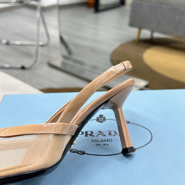 PRADA 25S TRIANGLE LOGO SLINGBACK PUMPS IN BEIGE MESH FABRIC