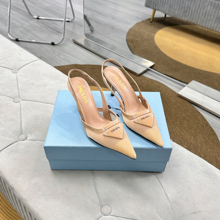 PRADA 25S TRIANGLE LOGO SLINGBACK PUMPS IN BEIGE MESH FABRIC