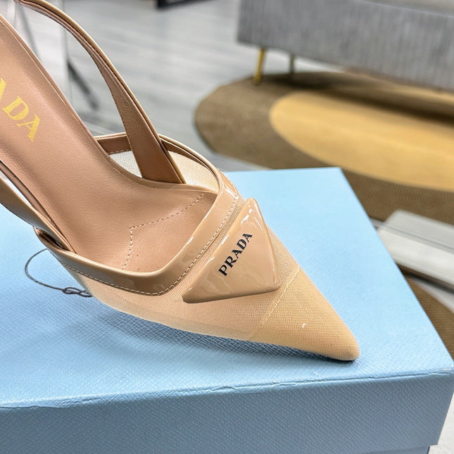 PRADA 25S TRIANGLE LOGO SLINGBACK PUMPS IN BEIGE MESH FABRIC
