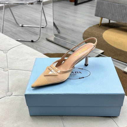 PRADA 25S TRIANGLE LOGO SLINGBACK PUMPS IN BEIGE MESH FABRIC