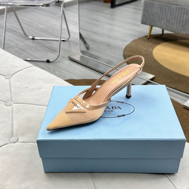 PRADA 25S TRIANGLE LOGO SLINGBACK PUMPS IN BEIGE MESH FABRIC
