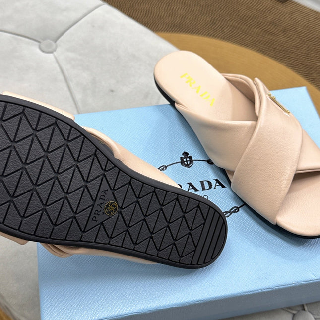PRADA 25S SLIDE SANDALS IN BEIGE CALFSKIN LOGO
