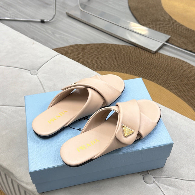 PRADA 25S SLIDE SANDALS IN BEIGE CALFSKIN LOGO