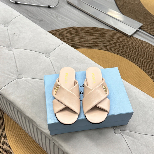 PRADA 25S SLIDE SANDALS IN BEIGE CALFSKIN LOGO
